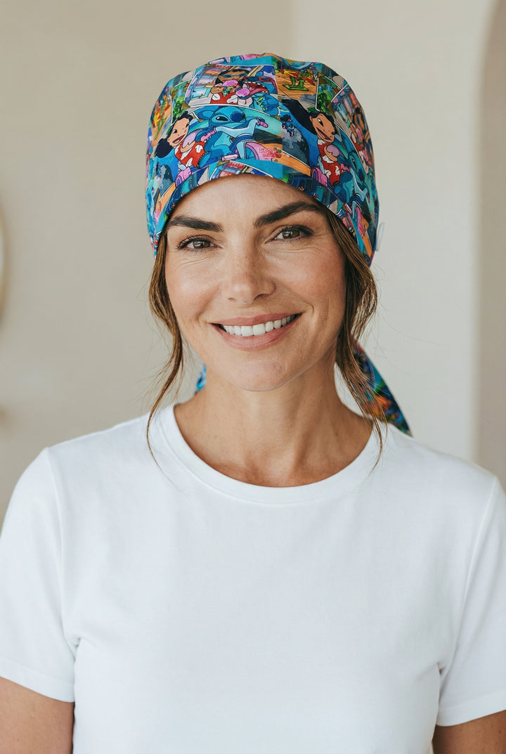 Stitch Comic Print Satin-Lined Button Scrub Cap